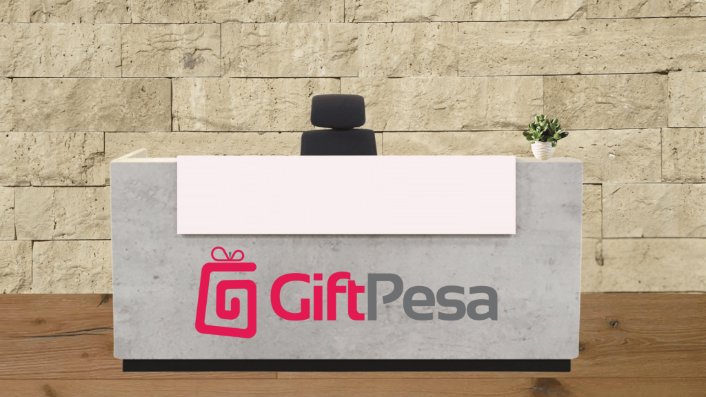 image showing a reception desk with the giftpesa logo on it.