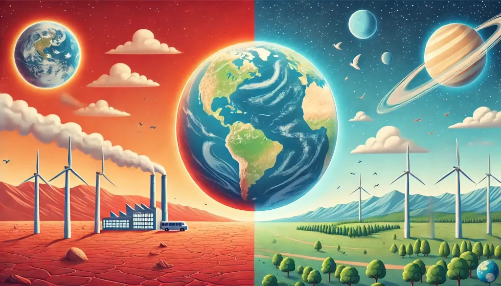 A split image with the left side showing a scorched earth and the right side showing the ozone layer protecting the earth.